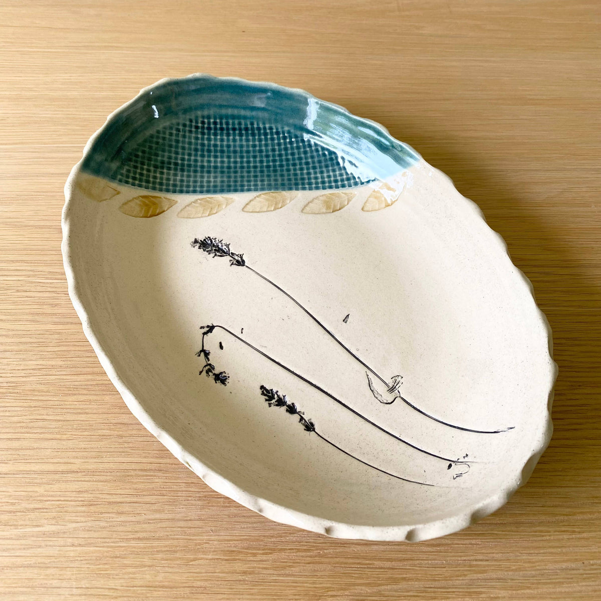 Oval Ceramic Serving Platter w/ Lavender & Leaf Pattern