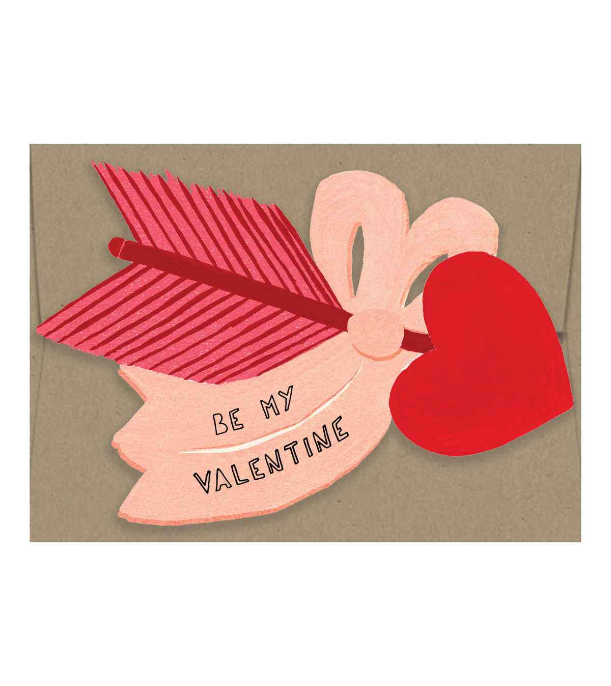 Handmade unique Valentine’s card with a red arrow, heart, and pink banner reading "Be My Valentine" on kraft paper, artisan. - Love Arrow Card