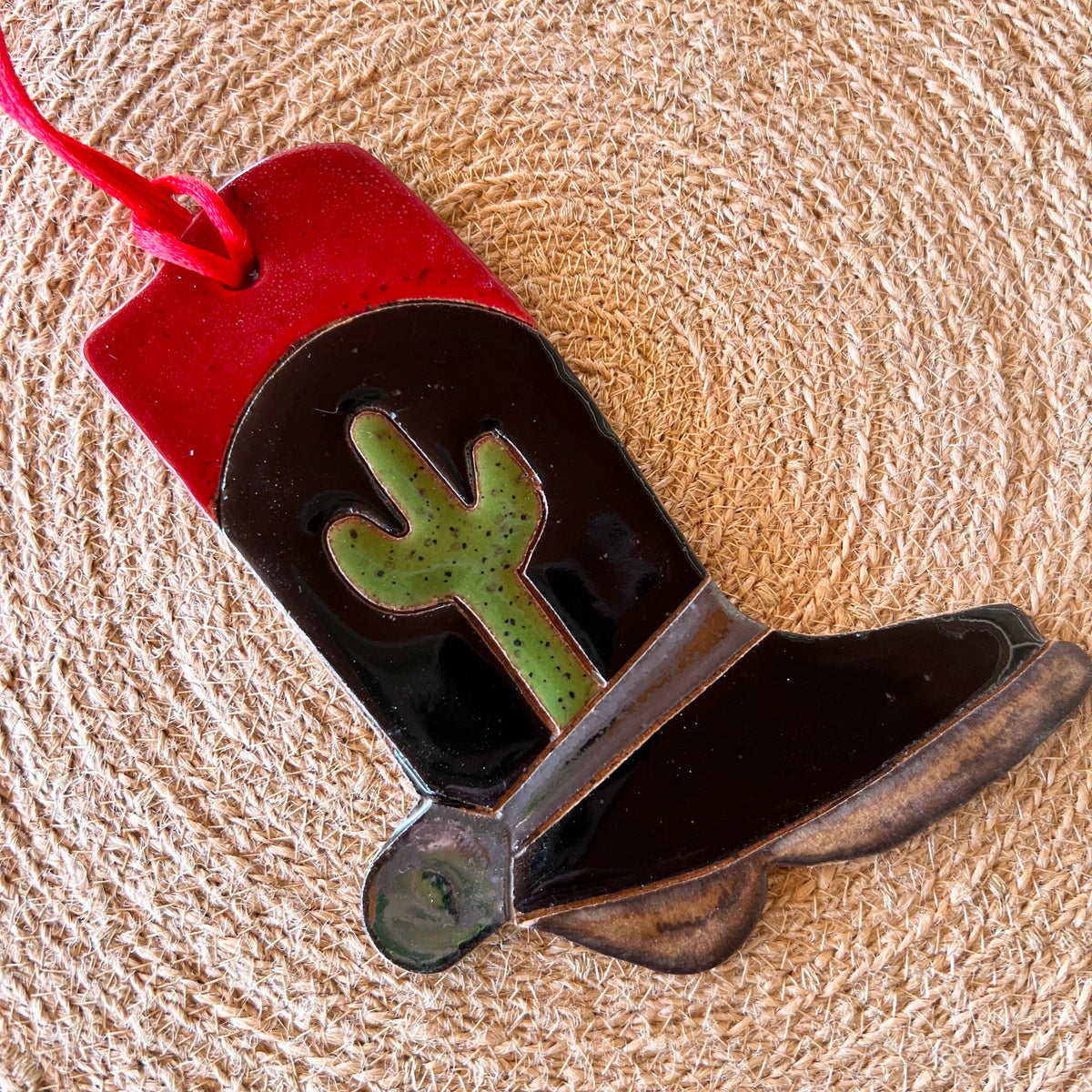 Ceramic Western Boot Ornaments: Black Saguaro