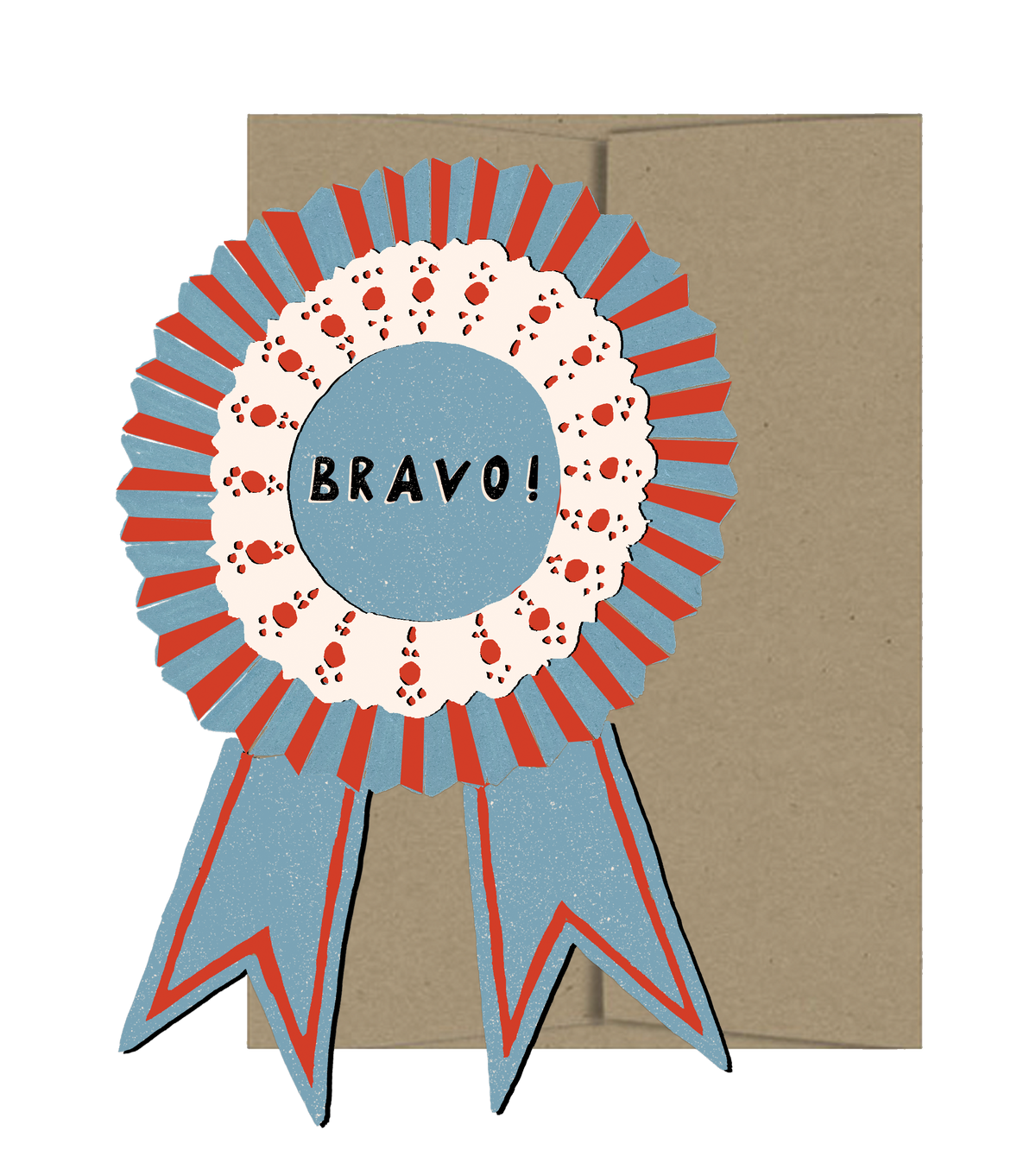 Handmade Bravo medallion card with red and blue ribbon design, unique artisan gift. - Bravo Medallion Card