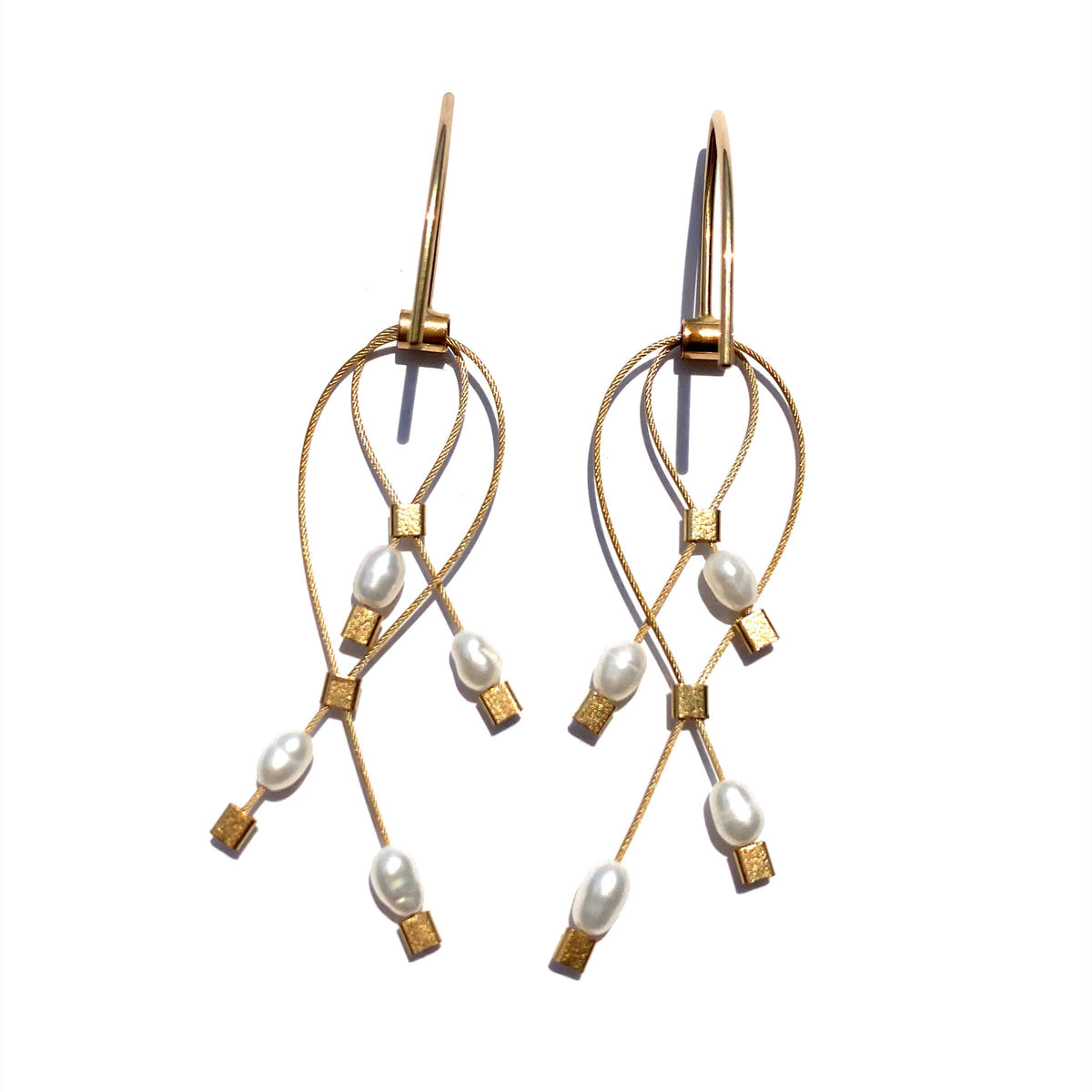 Pearl Lattice Hook Earrings with Gold Cable