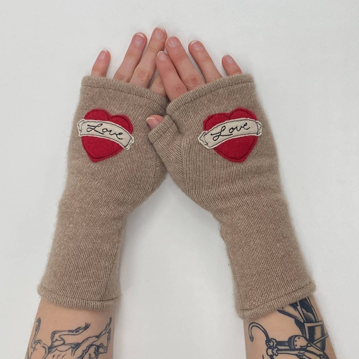 Tattoo Heart Love Pink Fingerless Cashmere Gloves