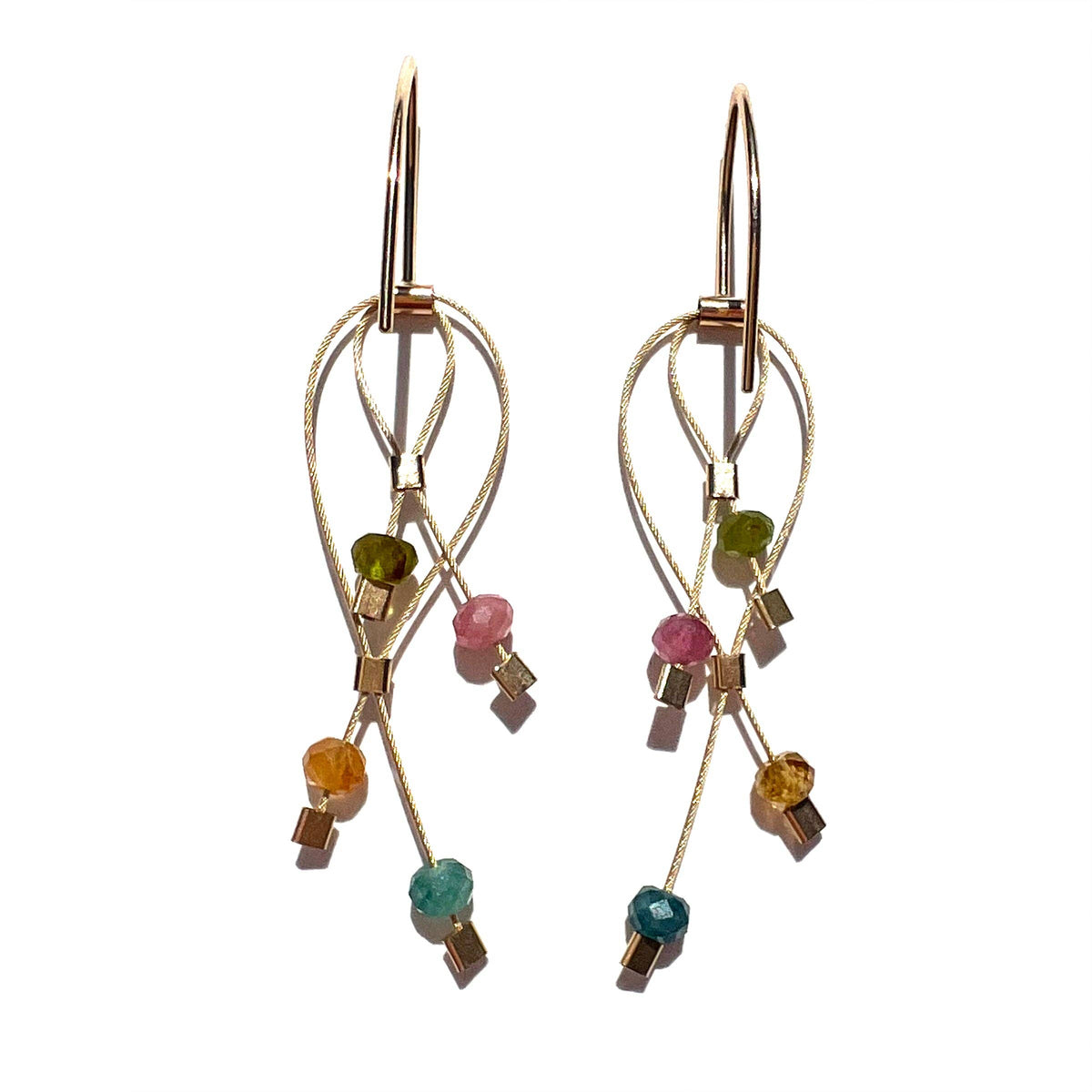 Handmade gold cable earrings with tourmaline lattice and multicolored gemstone drops, unique artisan gift. - Tourmaline Lattice Hook Mini Earrings with Gold Cable