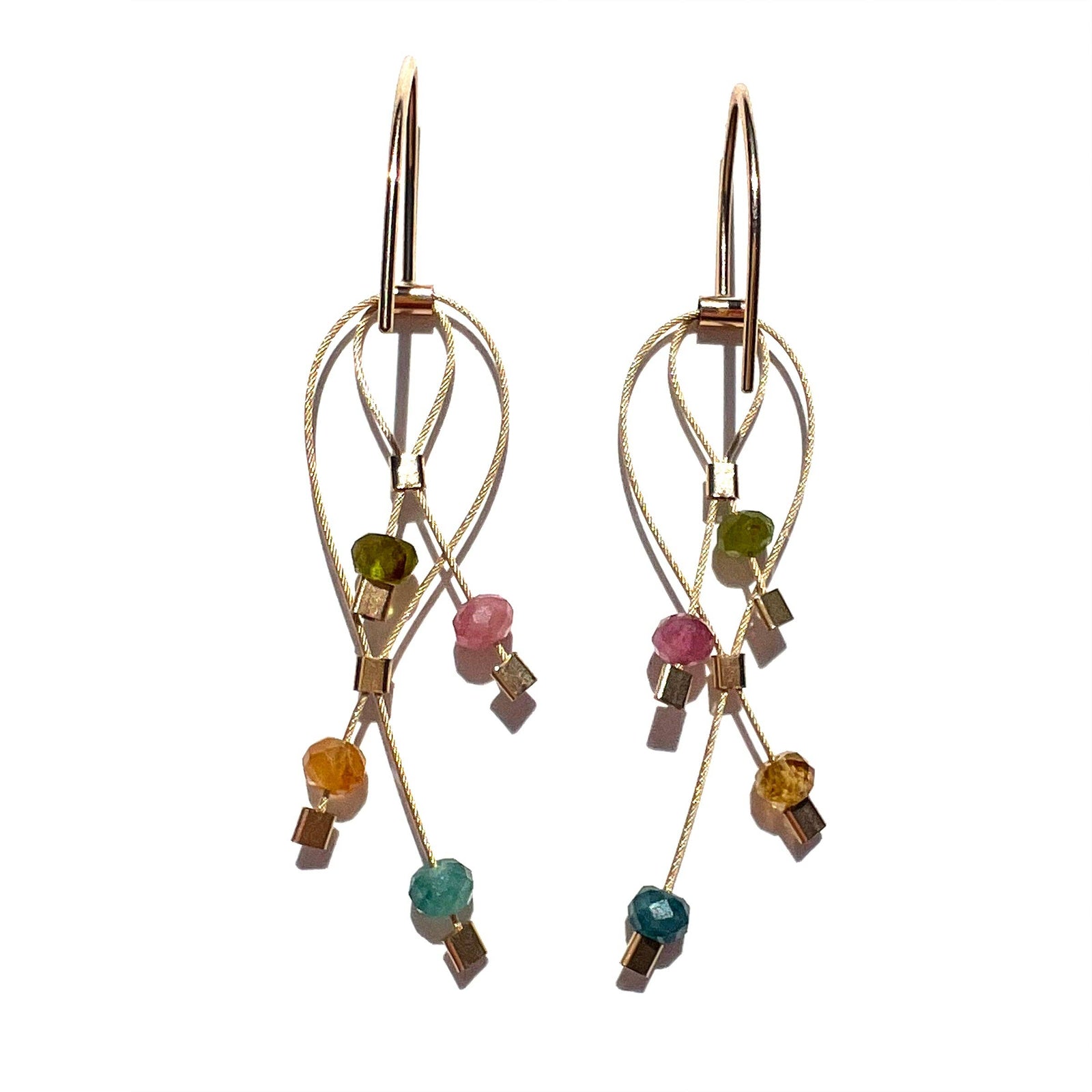Handmade gold cable earrings with tourmaline lattice and multicolored gemstone drops, unique artisan gift. - Tourmaline Lattice Hook Mini Earrings with Gold Cable