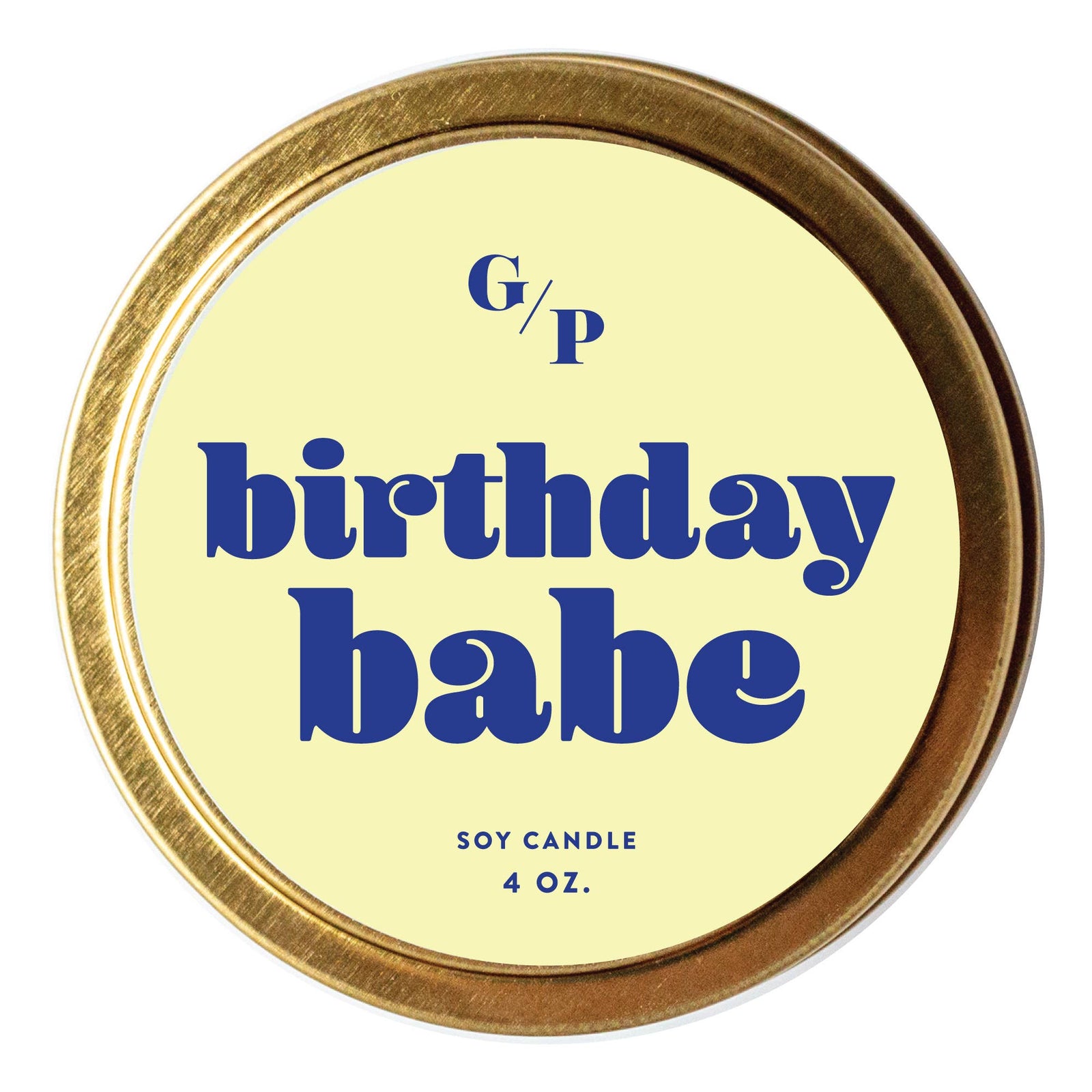 Handmade Birthday Babe soy candle tin with bold blue lettering on cream label, artisan gift. - Birthday Babe Candle Tin
