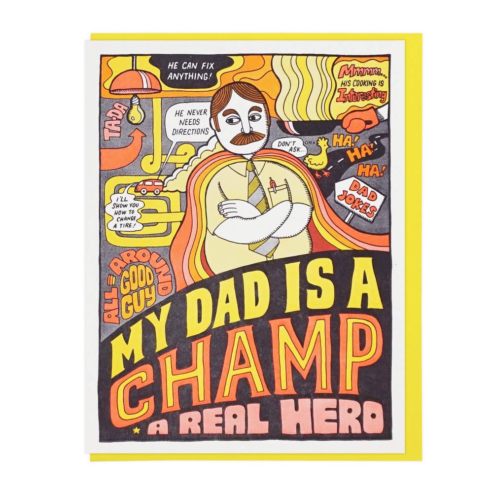 Handmade colorful Father's Day card with bold "My Dad Is A Champ" text and comic-style hero design. - My Dad Is A Champ