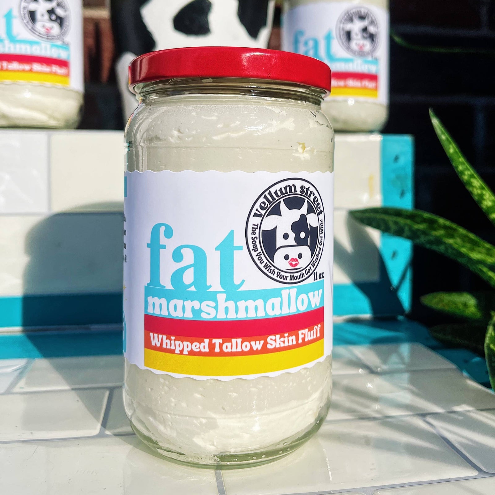 Handmade artisan fat marshmallow fluff skin moisturizer in glass jar with red lid, unique gift idea. - Fat Marshmallow Fluff Skin Moisturizer