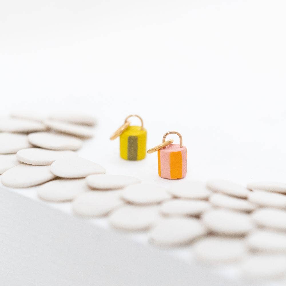 Handmade unique earrings with geometric yellow and peach resin blocks, artisan gift design. - Poolside Charm