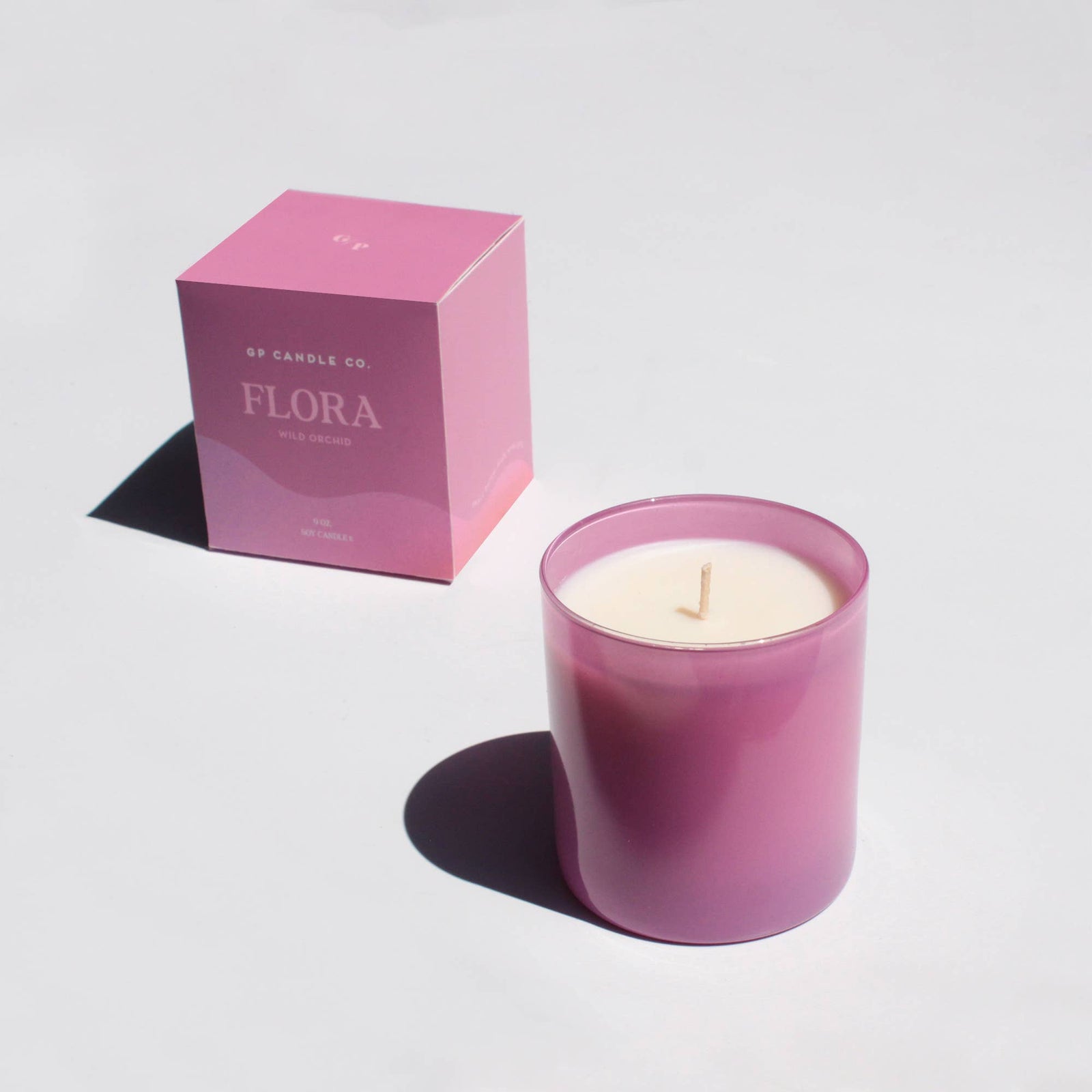 Handmade Flora Hue Wild Orchid candle in unique pink glass, perfect artisan gift with matching box. - Flora Hue Candle (Wild Orchid) (9 oz)