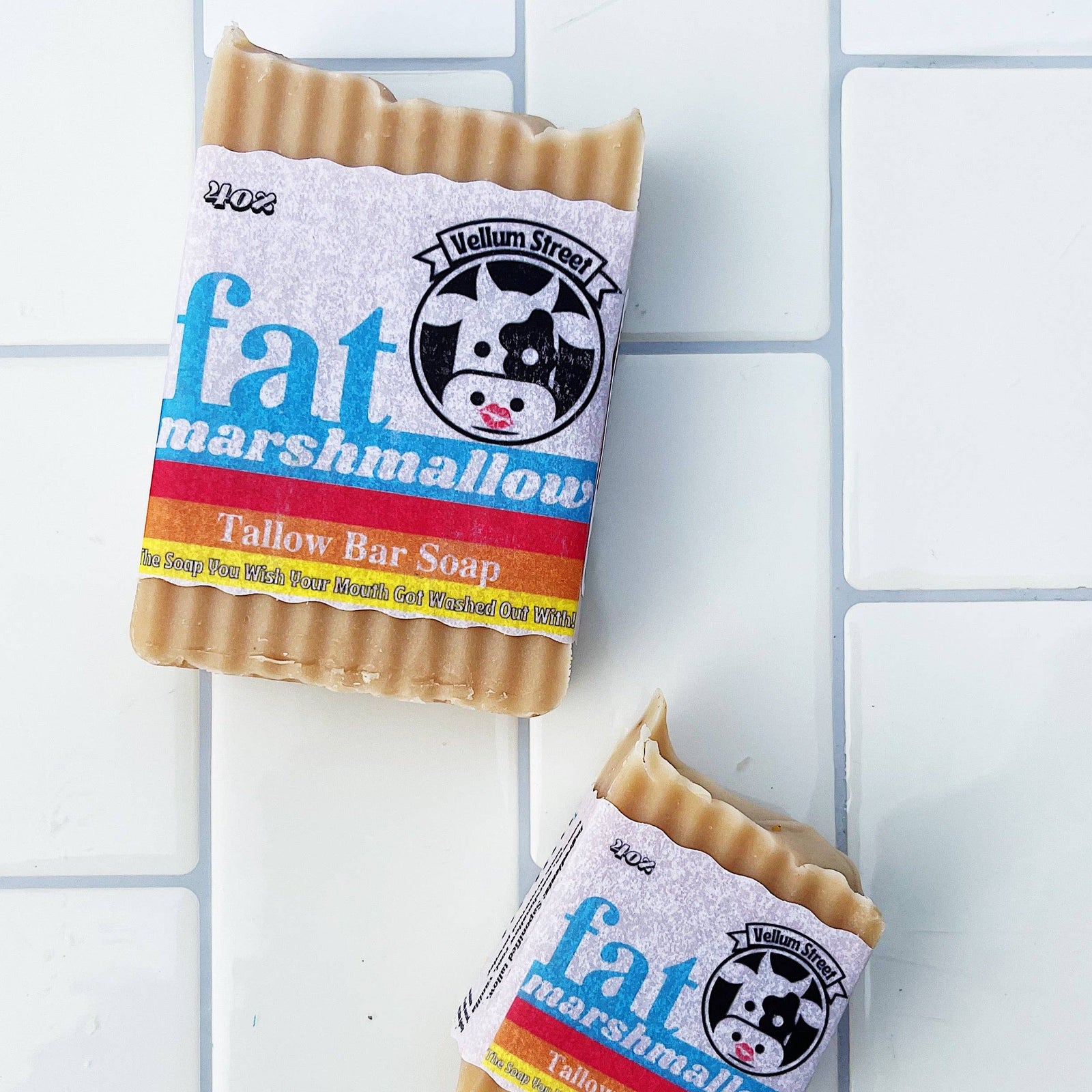 Handmade Fat Marshmallow 4oz yellow bar soap with unique artisan packaging, perfect gift. - Fat Marshmallow 4oz Bar Soap