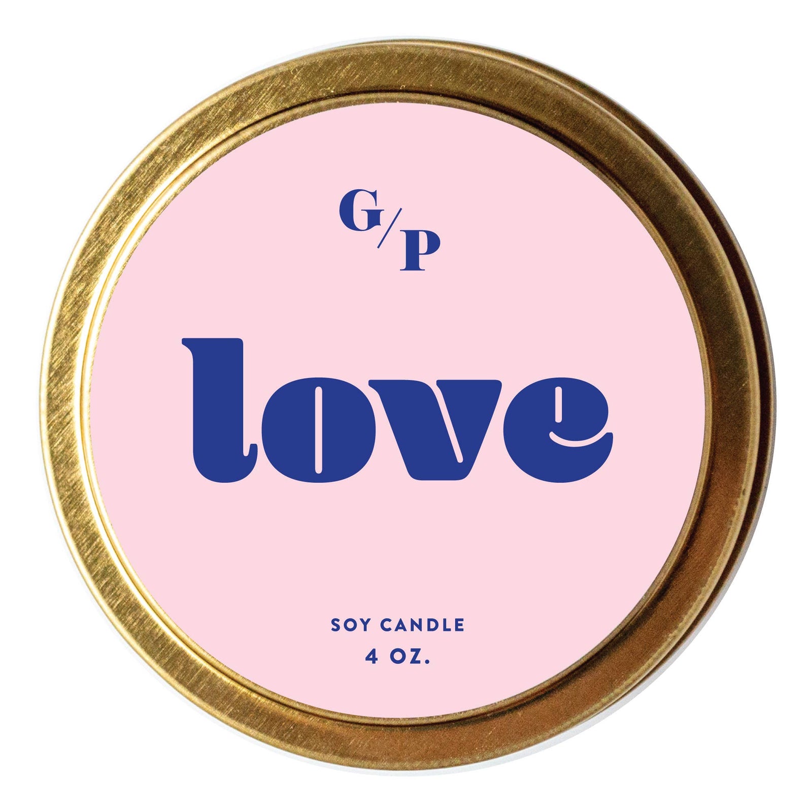 Handmade artisan 4 oz soy candle tin with soft pink label and bold blue "love" text, special gift. - Love Just Because Candle Tin (4 oz)